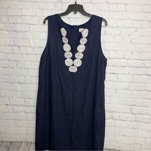 Navy Blue and White Classic Straight Sleeveless Linen Dress Size: X- Large